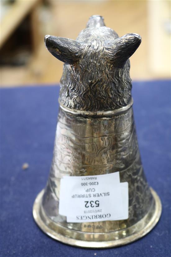 A 1920s continental silver fox head stirrup cup, import marks for Neresheimer & Co, London, 1925, 5.9oz